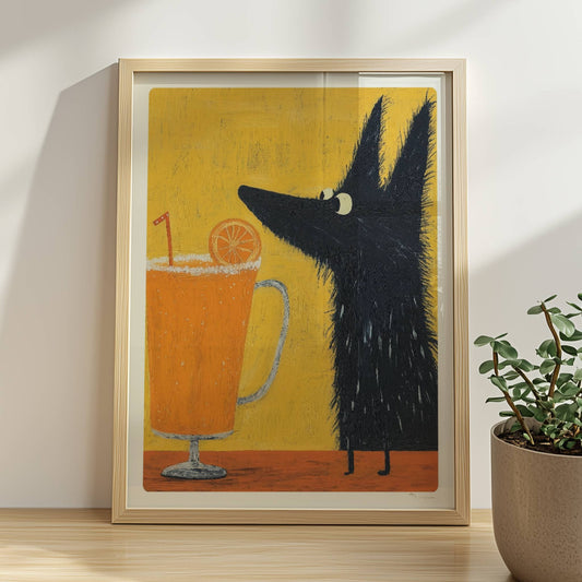 Schwarzer Hund mit Orangen-Saftgetränk. Rahmen natur 30x40