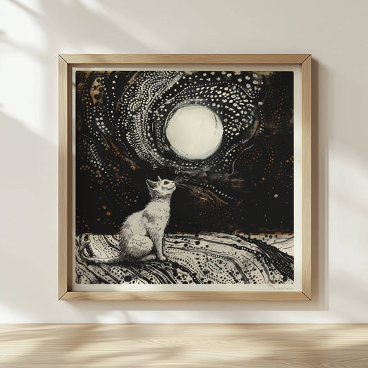 Schwarze Katze mit goldenen Augen und Regentropfen. Rahmen natur 30x30