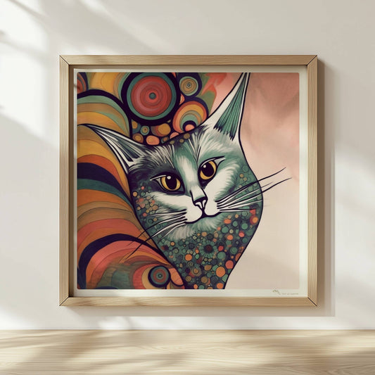 Graue Katze im 70er-Jahre-Stil mit buntem, psychedelischem Hintergrund.. Rahmen natur 30x30