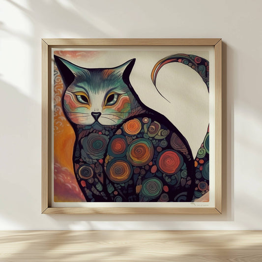 Bunte dicke Katze im 70er-Jahre-Stil mit psychedelischen Kreismustern.. Rahmen natur 30x30