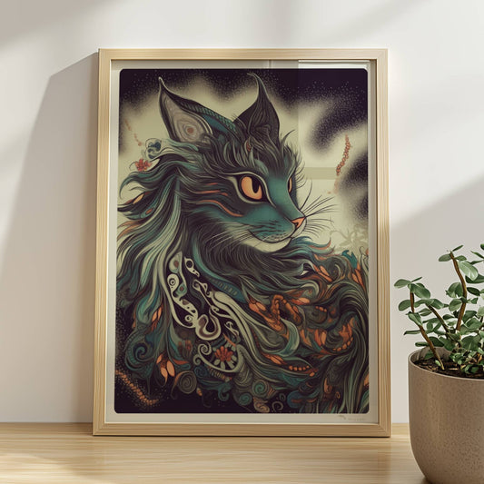 Majestätisches Maine-Coon-Katzenporträt mit langen fließenden Haaren und dekorativen Mustern.. Rahmen natur 30x40