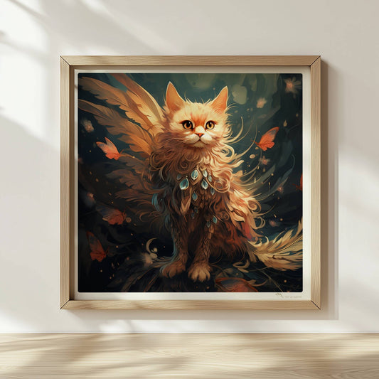 Majestätische rote Katze mit Schmetterlingen und funkelndem Schmuck im Fell, verträumte Fantasieszene.. Rahmen natur 30x30