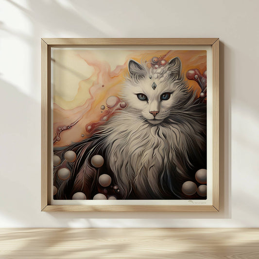 Wunderschönes weißes Katzenportrait mit fließenden Pastell- und Perlenakzenten, elegantes Fantasy-Wandbild.. Rahmen natur 30x30