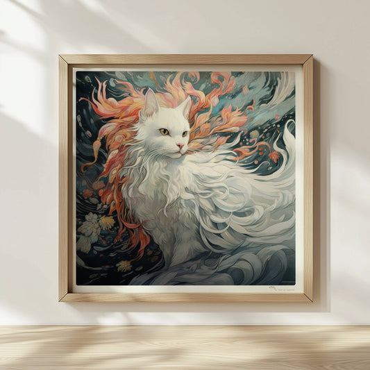 Majestätisches weißes Katzenportrait mit fließendem Fell und feurigen Akzenten, traumhaftes Fantasy-Wandbild.. Rahmen natur 30x30