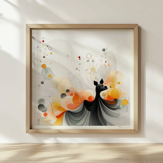 Verspielte Vektorgrafik eines kleinen Hundes mit abstrakten Blasen und Farbverläufen in Orange und Schwarz.. Rahmen natur 30x30