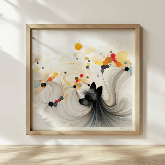 Illustration eines kleinen schwarzen Hundes mit bunten geometrischen Blasen auf Weiß.. Rahmen natur 30x30