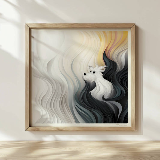 Weißer Hund mit fließendem Fellmuster, ruhige Vektorästhetik in Schwarz-Weiß.. Rahmen natur 30x30