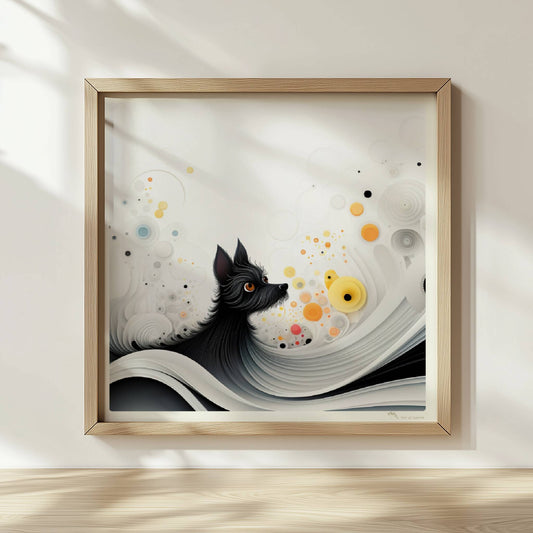 Abstrakte Darstellung eines schwarzen Hundes mit gelben Punkten auf fließendem weißen Hintergrund.. Rahmen natur 30x30