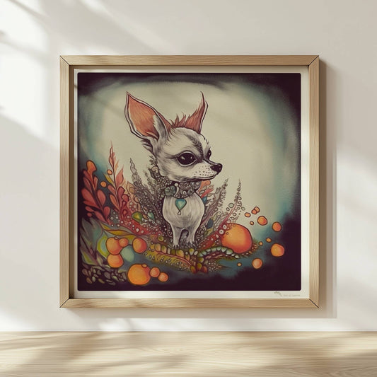 Porträt eines Chihuahua mit dekorativem floralen Hintergrund in fantasievollem Stil.. Rahmen natur 30x30