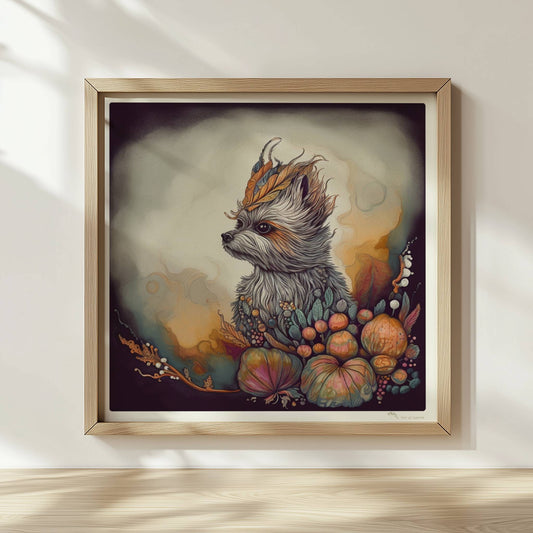 Maltipoo Hundeporträt mit herbstlichem Blumenkranz.. Rahmen natur 30x30