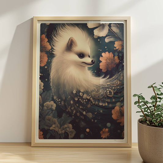 Flauschiger weißer Hund mit langen Ohren und floralen Ornamenten.. Rahmen natur 30x40