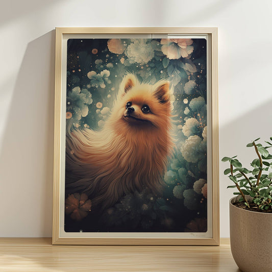 Fluffiger Pomeranian vor verträumtem Hintergrund.. Rahmen natur 30x40