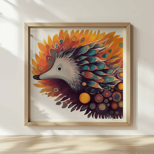 Verspielter Igel mit floralen und abstrakten Elementen.. Rahmen natur 30x30