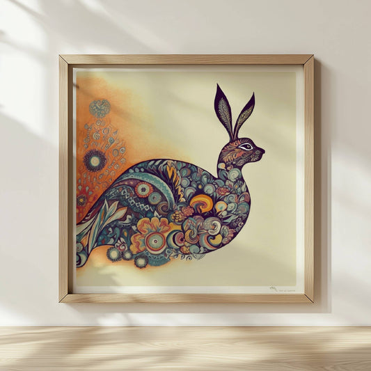 Dekorativer Hase mit Ornamenten im Körper.. Rahmen natur 30x30