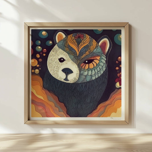 Bär mit grafischem Muster in ruhigem Farbkontrast.. Rahmen natur 30x30