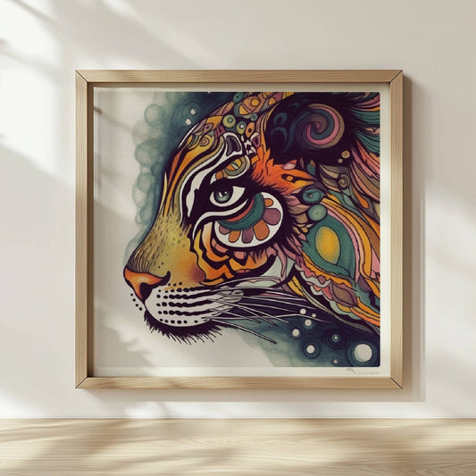 Stilisierter Tigerkopf mit verschnörkelten Mustern.. Rahmen natur 30x30