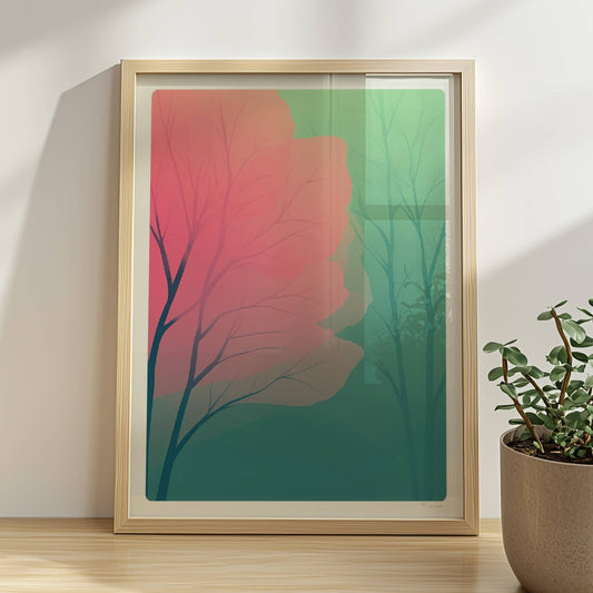 Waldlandschaft mit rosa Blütentzweigen im Frühlingslicht.. Rahmen natur 30x40