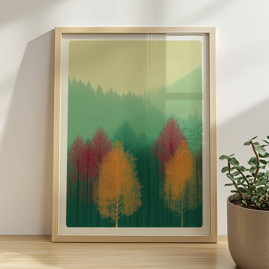 Naturstimmung mit roter Baumkrone im Nebel.. Rahmen natur 30x40