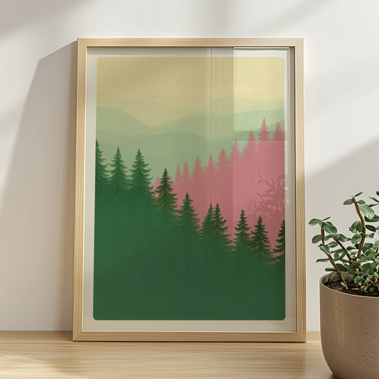 Berglandschaft mit Tannen im Morgennebel.. Rahmen natur 30x40