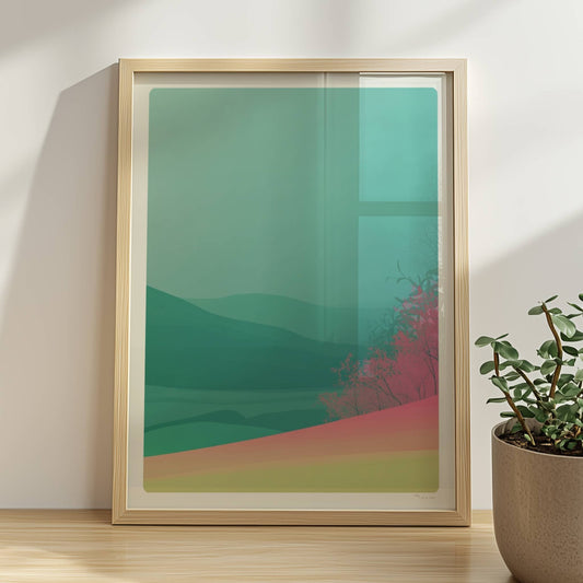 Landschaftsidylle mit rosa Hügelwald und Weitblick.. Rahmen natur 30x40