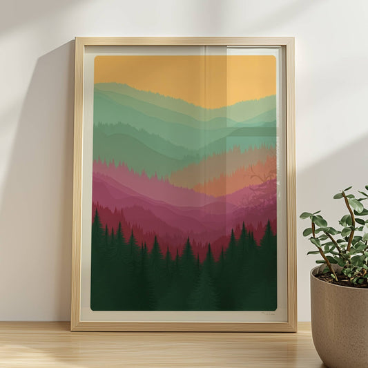 Farbspiel im Bergwald mit Schichten und Tannen.. Rahmen natur 30x40