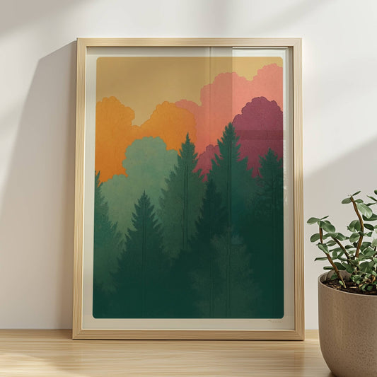 Herbstwald mit goldenen und roten Laubbäumen vor Tannen.. Rahmen natur 30x40