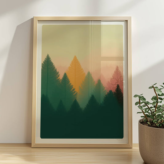 Goldene Tannen im Abendlicht, Naturmotiv Wald.. Rahmen natur 30x40