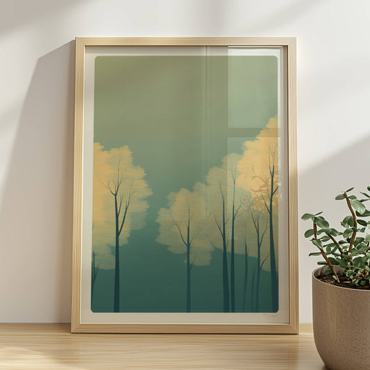 Waldmotiv mit zarten gelben Baumkronen im Nebel.. Rahmen natur 30x40