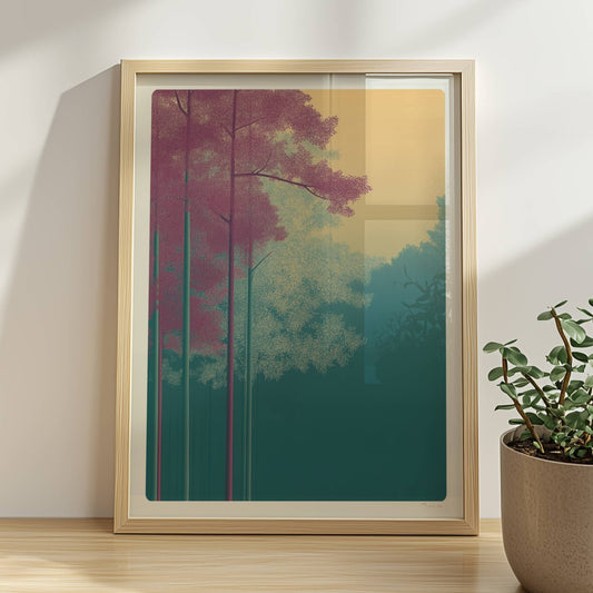 Hellrosa und weiße Bäume vor goldenem Himmel.. Rahmen natur 30x40