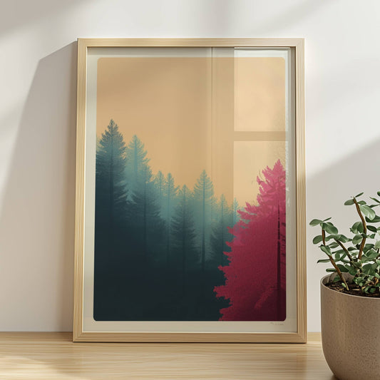 Waldimpression mit rosa Bäumen und Morgendunst.. Rahmen natur 30x40