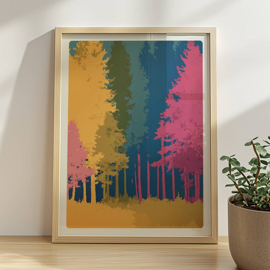 Waldszene mit bunten Bäumen auf blauem Hintergrund.. Rahmen natur 30x40