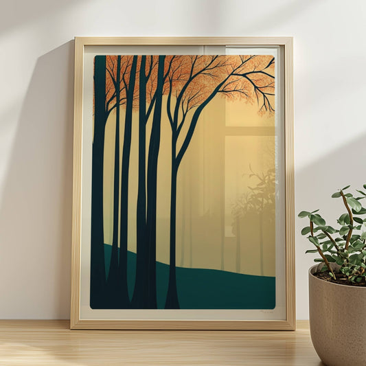 Waldlandschaft mit dunklen Stämmen und orangen Blättern.. Rahmen natur 30x40