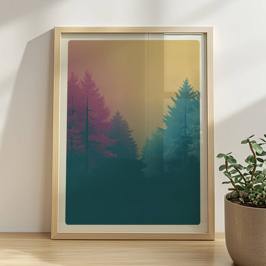 Wald im Nebel mit rosa und türkisfarbenen Nadelbäumen.. Rahmen natur 30x40