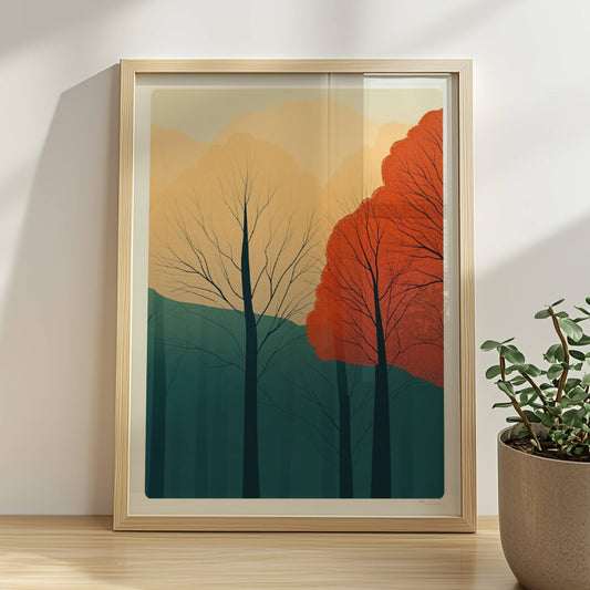 Herbstwald mit orangefarbenen und roten Baumkronen.. Rahmen natur 30x40