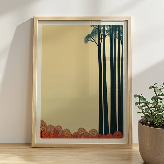 Baumgruppe mit rotem Unterholz und hellem Himmel.. Rahmen natur 30x40