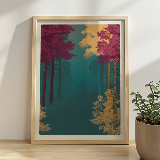 Waldpfad umgeben von kräftigen Herbstfarben.. Rahmen natur 30x40