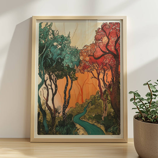 Fantasievolle Waldlandschaft mit roten Bäumen, geschwungenen Baumkronen und warmem Sonnenlicht.. Rahmen natur 30x40