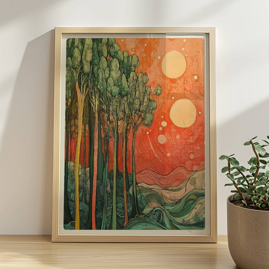 Stilisierte Landschaft mit schlanken grünen Bäumen, zwei Sonnen und surrealer Atmosphäre.. Rahmen natur 30x40