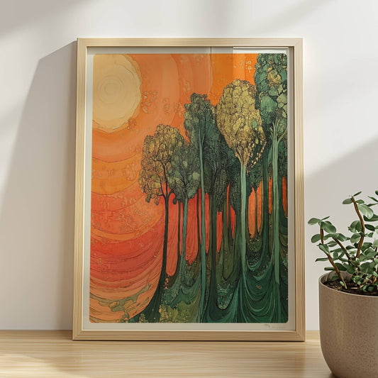 Surreale Waldszene in leuchtendem Orange und Grün mit warmem Licht und fantastischen Formen.. Rahmen natur 30x40