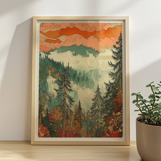 Atmosphärische Berglandschaft mit nebligen grünen Wäldern und sanftem Lichtspiel.. Rahmen natur 30x40