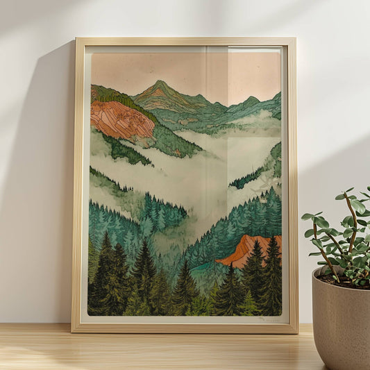 Sanfte grüne Hügel und Berge in pastelligen Tönen mit stilisiertem Sonnenlicht.. Rahmen natur 30x40