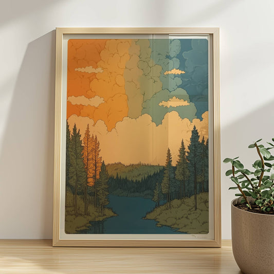 Sonnenuntergang über ruhigem Fluss, umgeben von Kiefernwald in warmen Orangetönen und grünen Reflexionen.. Rahmen natur 30x40