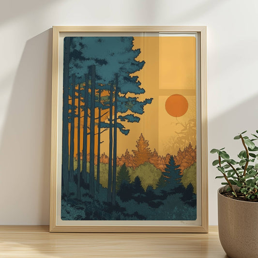 Sonnenuntergang hinter Kiefernwald mit intensivem orangefarbenem Himmel und klaren Silhouetten der Bäume.. Rahmen natur 30x40