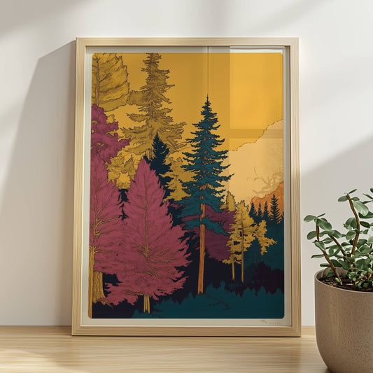 Märchenhafter Waldweg in weichem Morgenlicht mit hohen grünen Bäumen und leichtem Nebel.. Rahmen natur 30x40