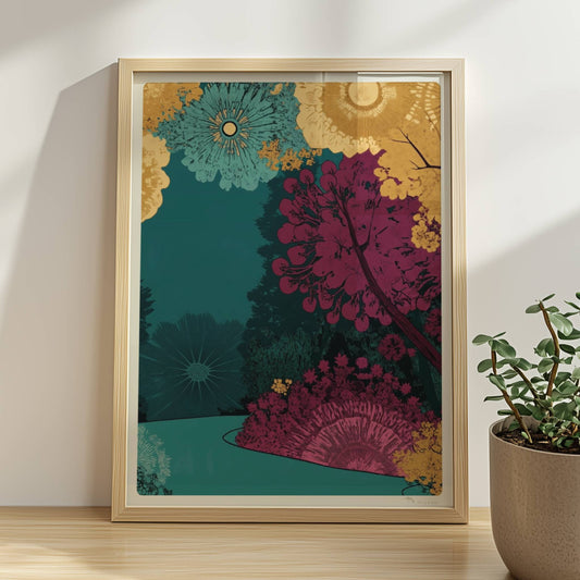 Dichter Tannenwald in warmem Licht mit Strahlen, die durch die Baumkronen brechen.. Rahmen natur 30x40