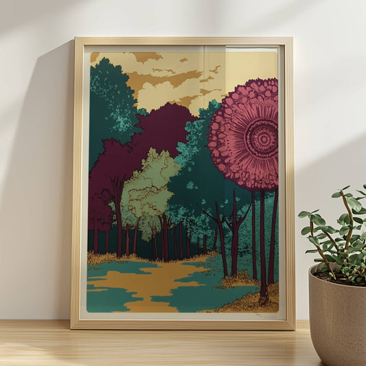 Hügelige Waldlandschaft mit goldenen Herbstfarben und weitem Blick auf den Horizont.. Rahmen natur 30x40