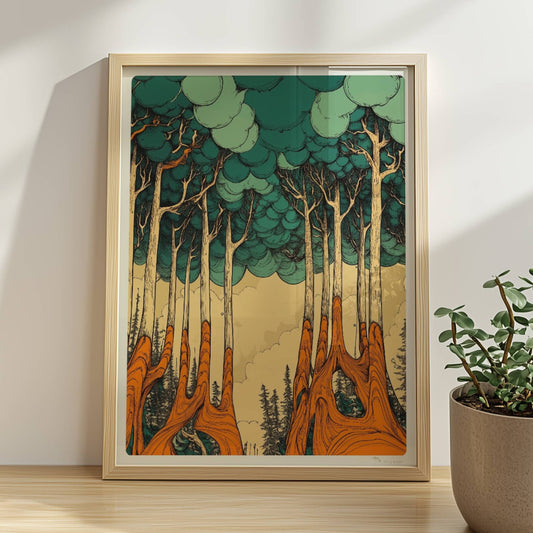 Morgennebel im dichten Wald mit sanften Lichtstrahlen und mystischer Stimmung.. Rahmen natur 30x40