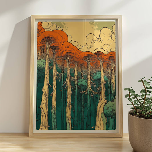 Farbenfroher Sonnenuntergang hinter einem Waldsee mit Spiegelungen der Baumkronen.. Rahmen natur 30x40
