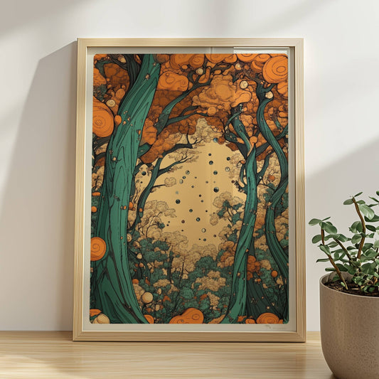 Mystische Waldszene bei Sonnenaufgang mit langen Schatten und warmen Lichtstrahlen.. Rahmen natur 30x40