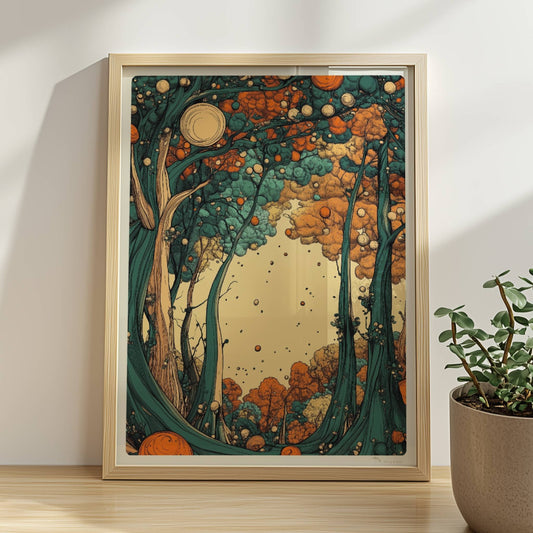 Leuchtender Herbstwald mit orangen und gelben Blättern entlang eines stillen Pfades.. Rahmen natur 30x40